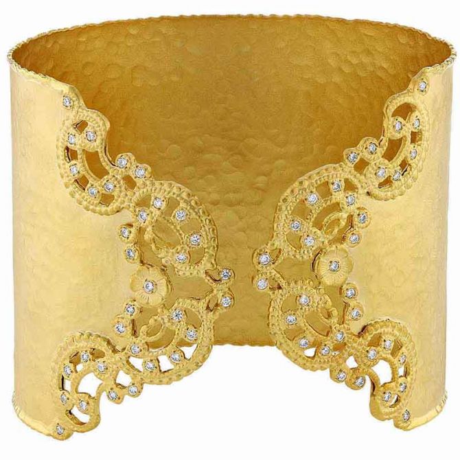 Marika Yellow Gold Hammered Wide Cuff Bracelet with Diamond Filigree Edges