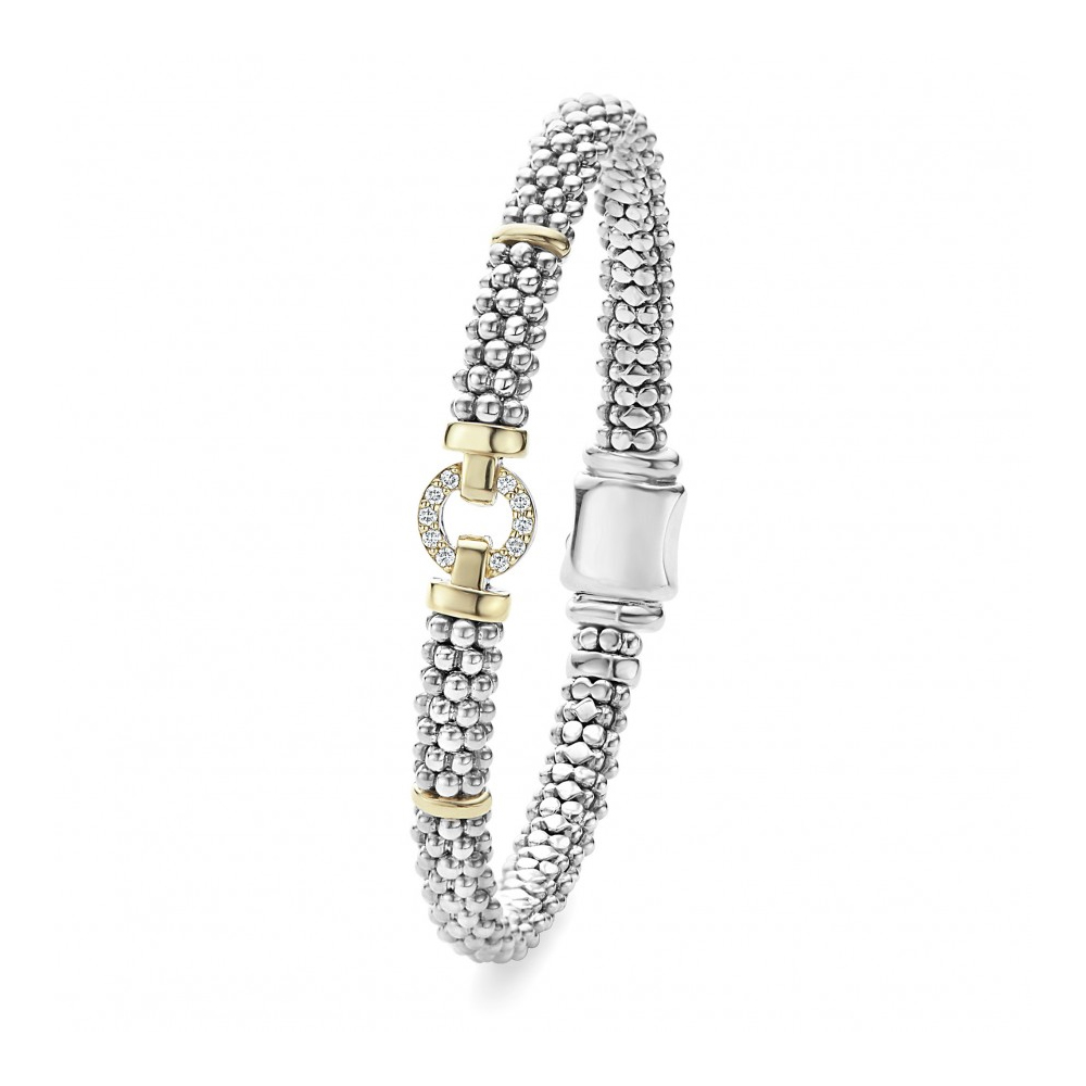 LAGOS 18K Yellow Gold and Sterling Silver Caviar Enso Single Diamond Circle Bracelet, 7