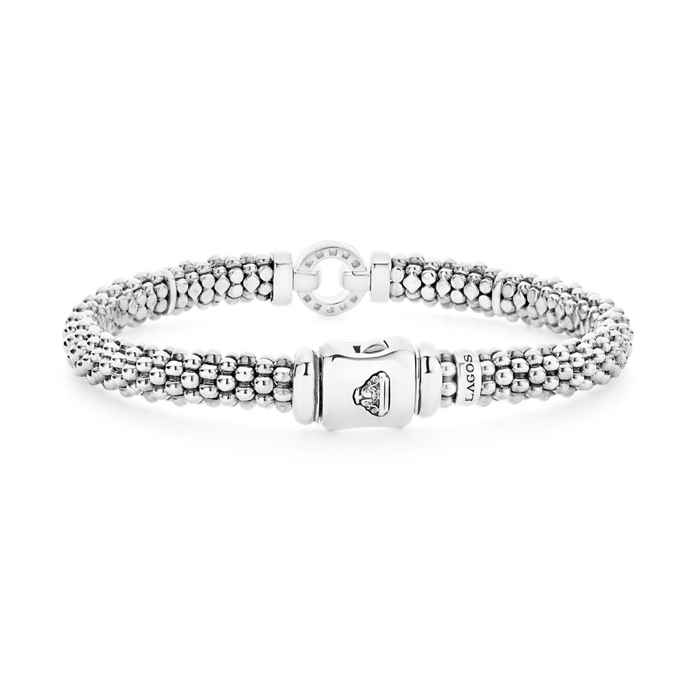 LAGOS 18K Yellow Gold and Sterling Silver Caviar Enso Single Diamond Circle Bracelet, 7