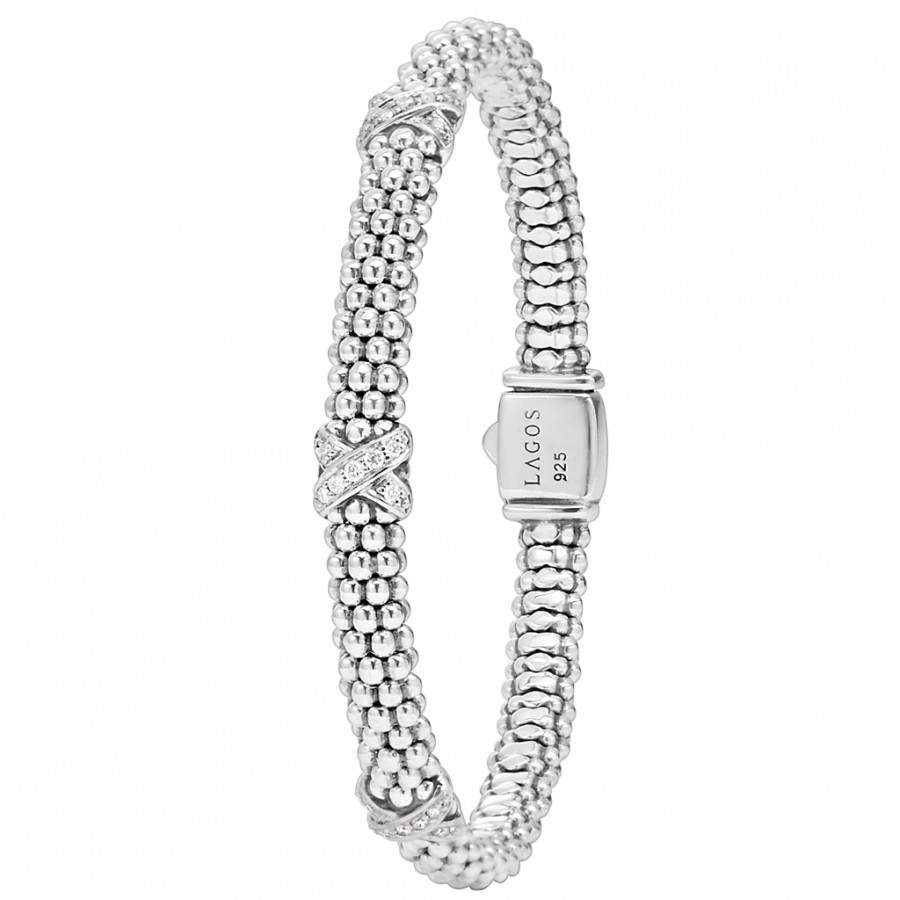 LAGOS Sterling Silver Diamonds & Caviar Three Station X Bracelet, 7