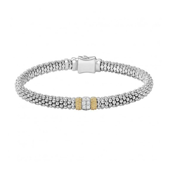 LAGOS 18K Yellow Gold & Sterling Silver Diamond Lux Caviar Single Station Bracelet, Medium