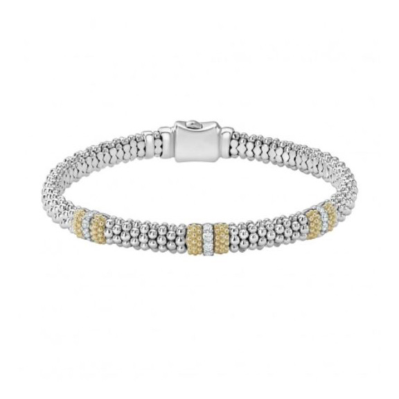 LAGOS 18K Yellow Gold & Sterling Silver Diamond Three Station Lux Caviar Bracelet