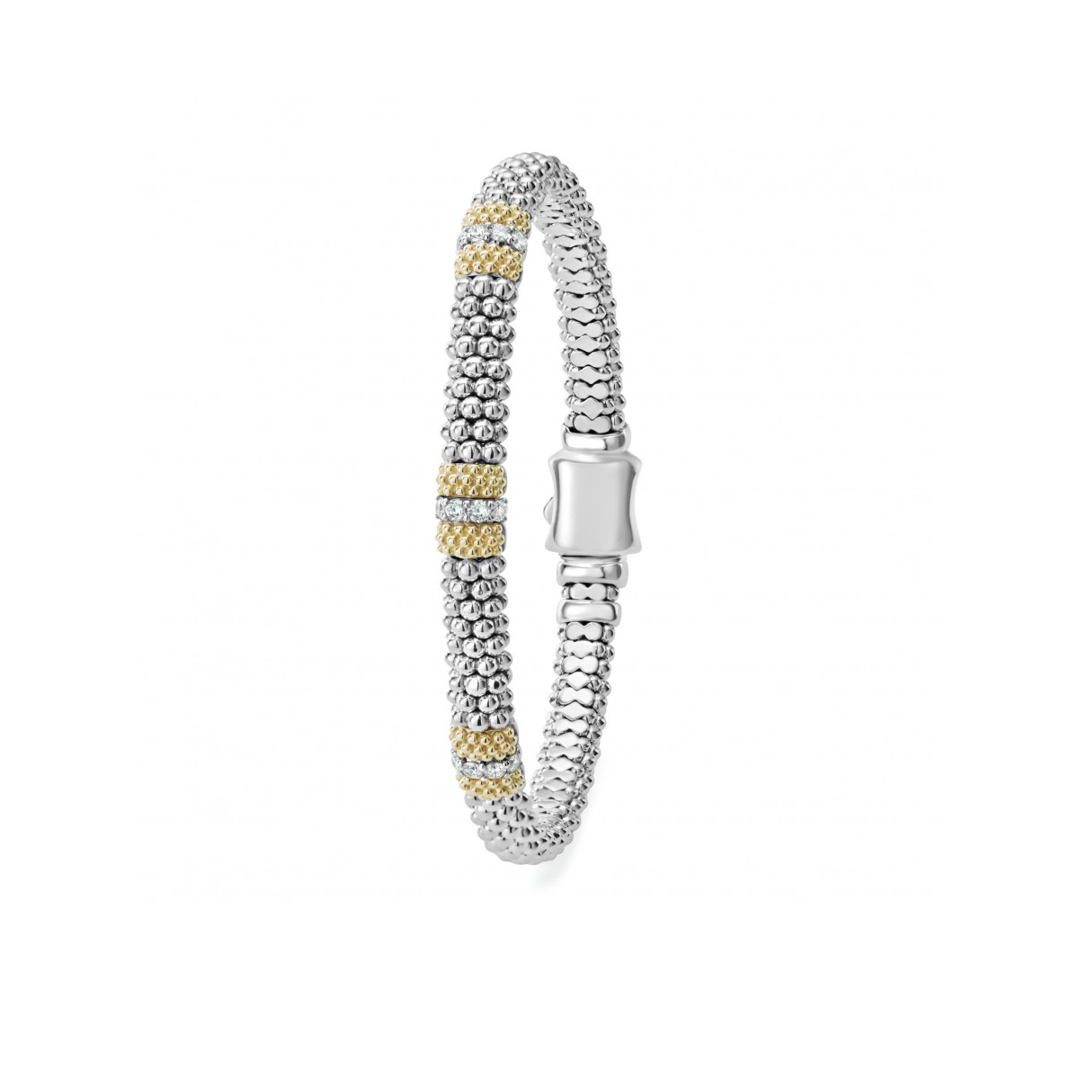 LAGOS 18K Yellow Gold & Sterling Silver Diamond Three Station Lux Caviar Bracelet