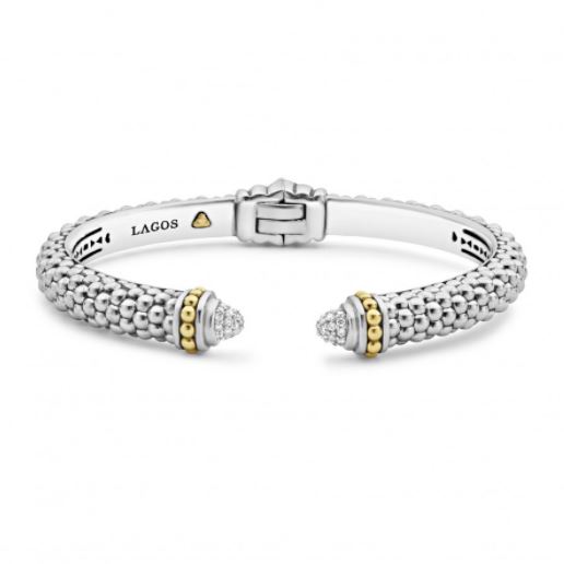 LAGOS Sterling Silver & 18K Yellow Gold Diamonds & Caviar Diamond Thin Hinge Cuff Bracelet