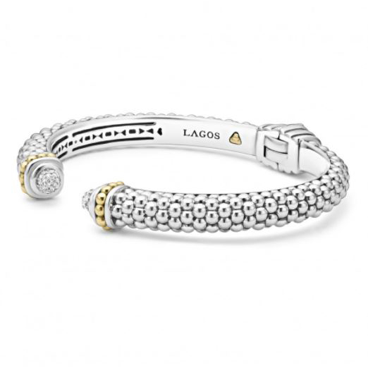 LAGOS Sterling Silver & 18K Yellow Gold Diamonds & Caviar Diamond Thin Hinge Cuff Bracelet