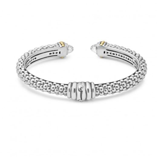 LAGOS Sterling Silver & 18K Yellow Gold Diamonds & Caviar Diamond Thin Hinge Cuff Bracelet