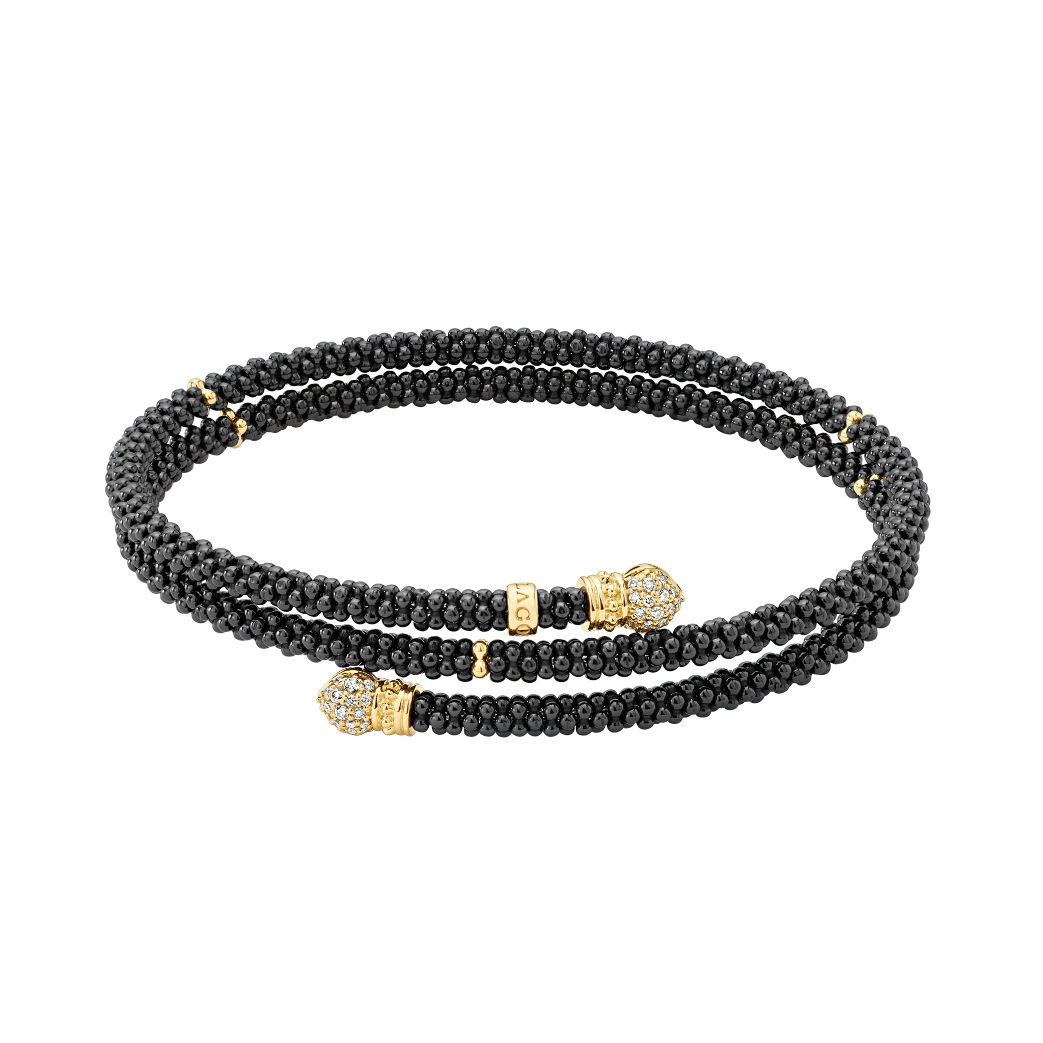 LAGOS 18K Yellow Gold Station and Black Caviar 3mm Coil Bracelet with Pavé Diamond Endcaps
