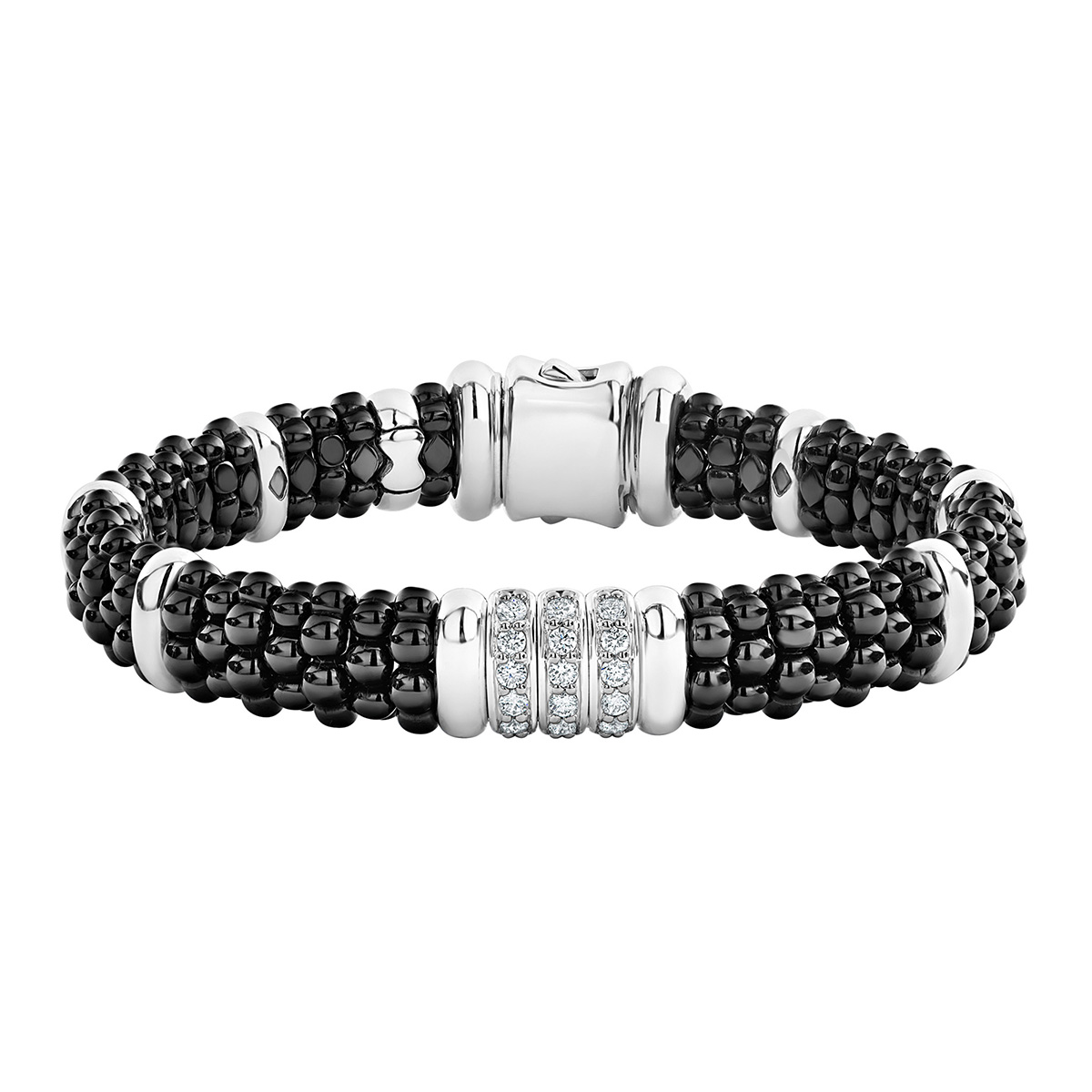 LAGOS Sterling Silver Black Caviar & Diamond 3 Station 9 mm Bracelet, 7