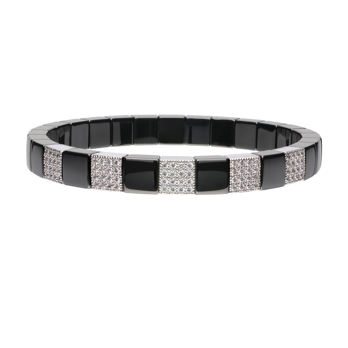 Roberto Demeglio Scacco Stretch Bracelet in Black Ceramic with 5 Diamond Stations