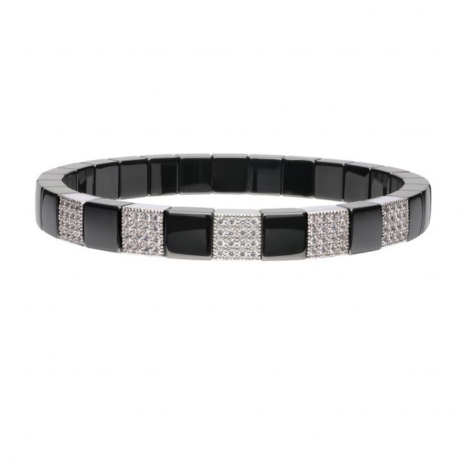 Roberto Demeglio Scacco Stretch Bracelet in Black Ceramic with 5 Diamond Stations
