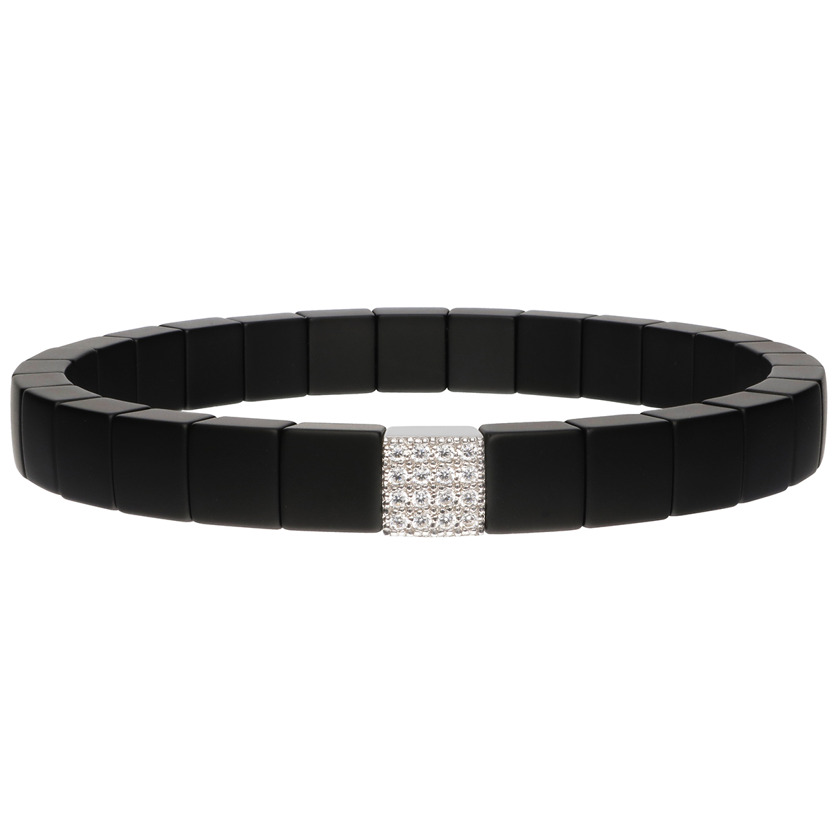 Roberto Demeglio Scacco Stretch Bracelet in Matte Black Ceramic with Diamond Pavé Station
