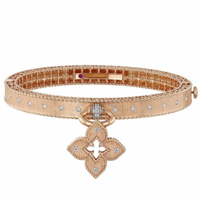 Roberto Coin Venetian Princess Flower Charm Bangle in Rose Gold with Diamonds