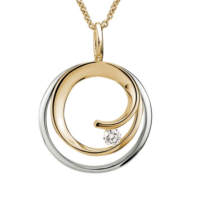 Two Tone Gold Swirl Pendant with Tension Set Diamond, 18"
