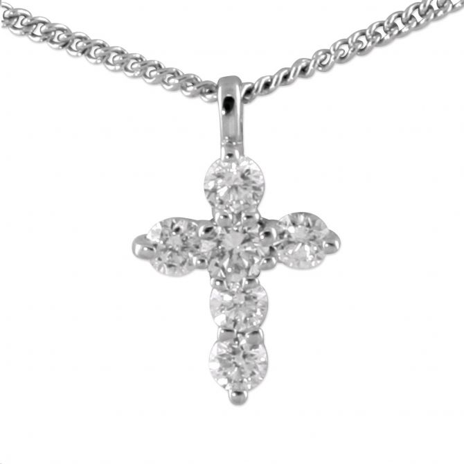 Petite Diamond Cross Pendant in White Gold, 16"