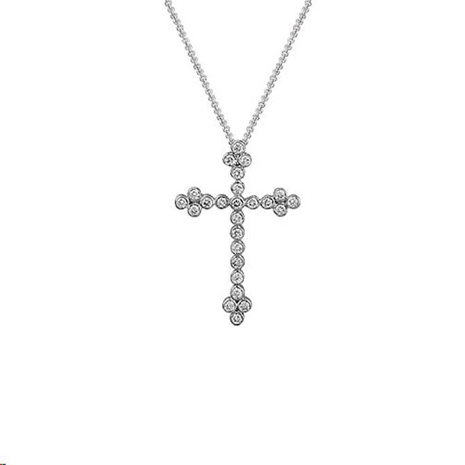 Diamond Bezel Set Botonee Cross Pendant in White Gold, 18"