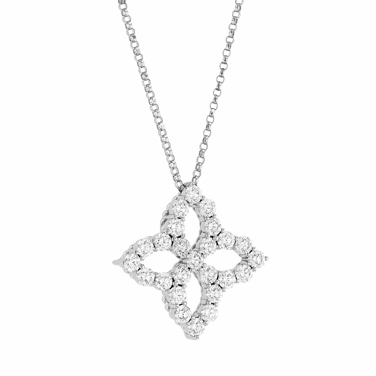 Roberto Coin Open Princess Flower Large White Gold Pendant Necklace with Diamonds, 18