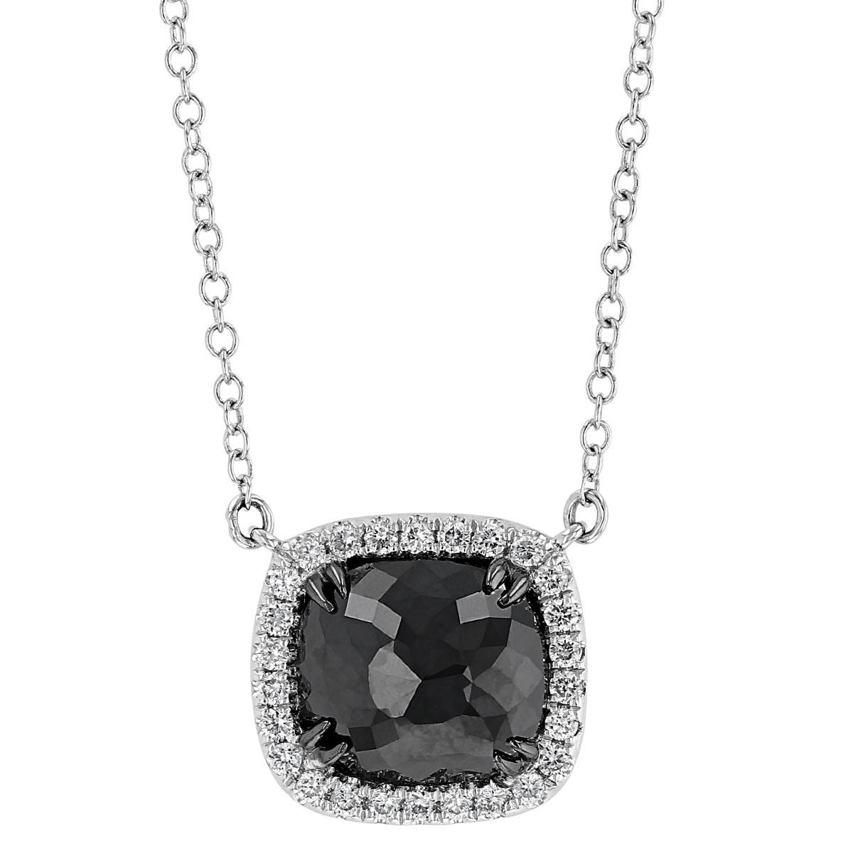 Black Rosecut Cushion Diamond & White Diamond Halo Necklace in White Gold, 18