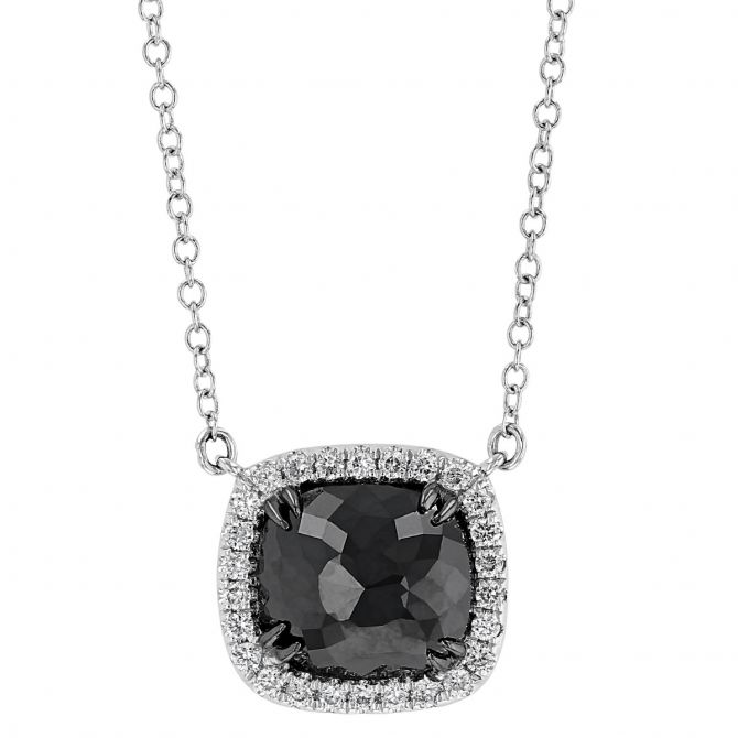 Black Rosecut Cushion Diamond & White Diamond Halo Necklace in White Gold, 18"