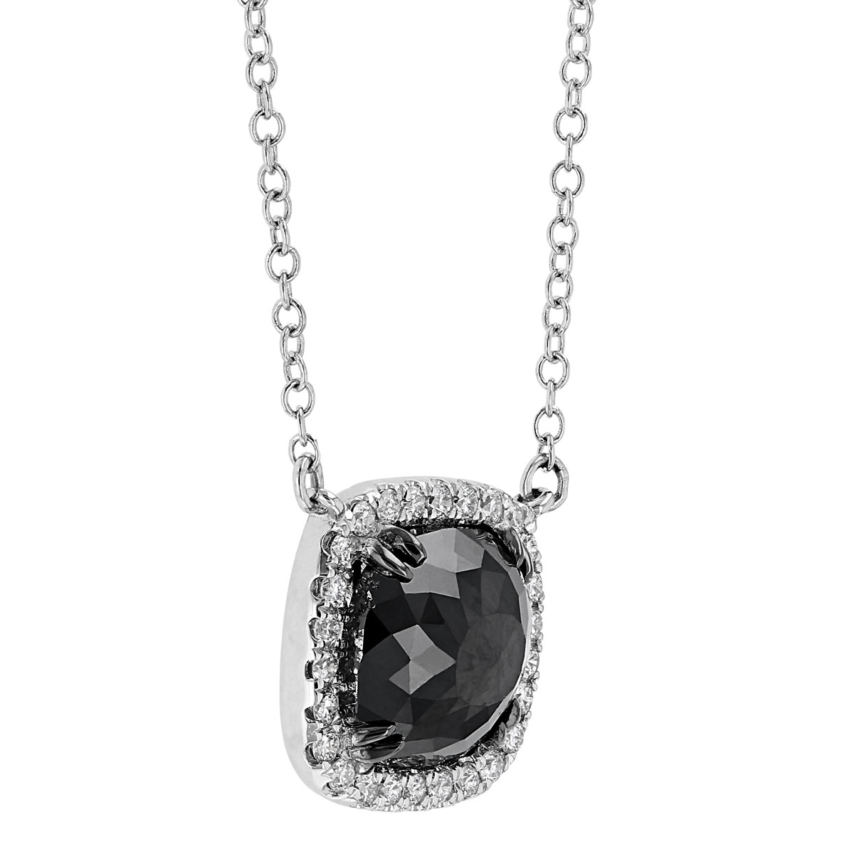 Black Rosecut Cushion Diamond & White Diamond Halo Necklace in White Gold, 18