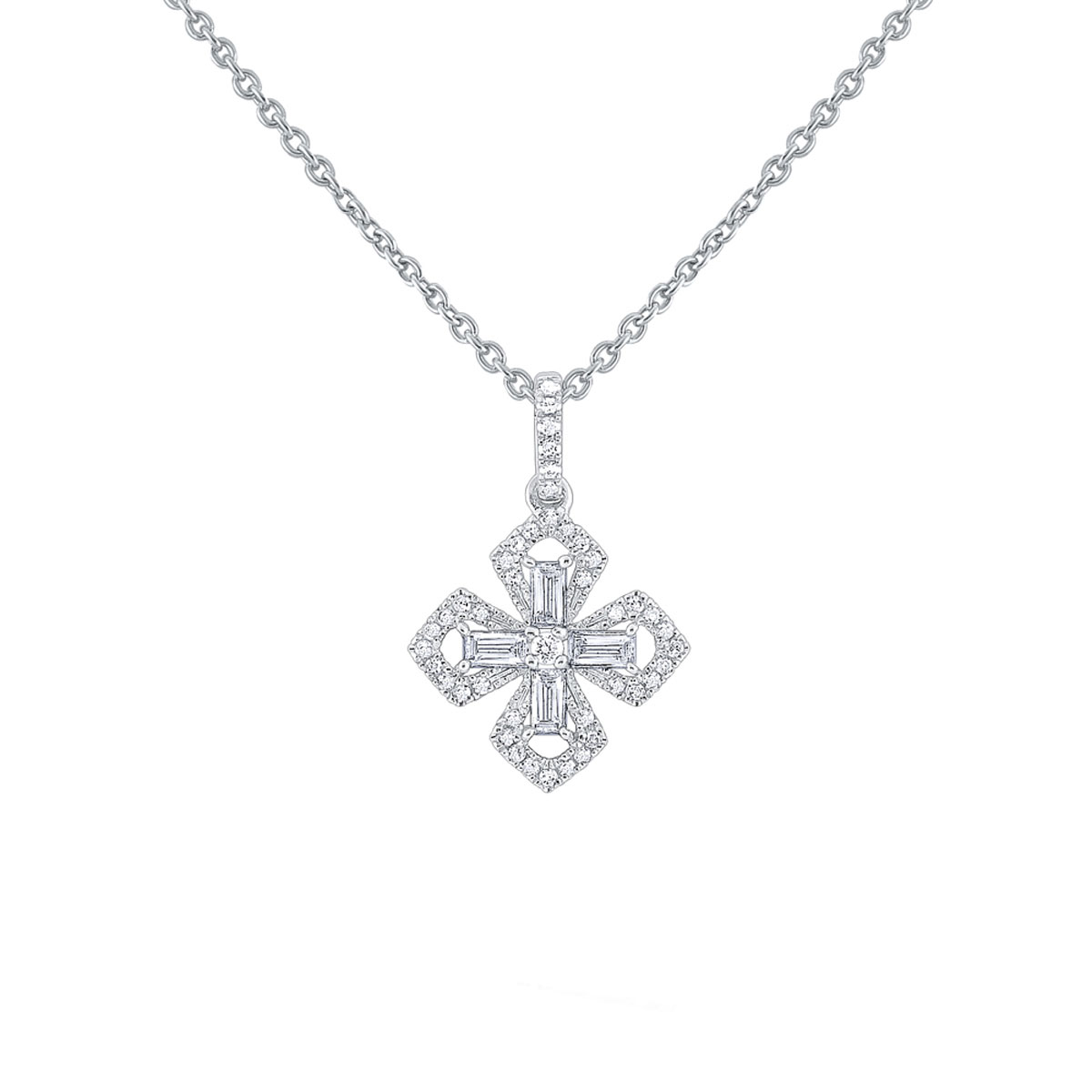 Baguette & Round Diamond Maltese Cross Pendant in White Gold, 18