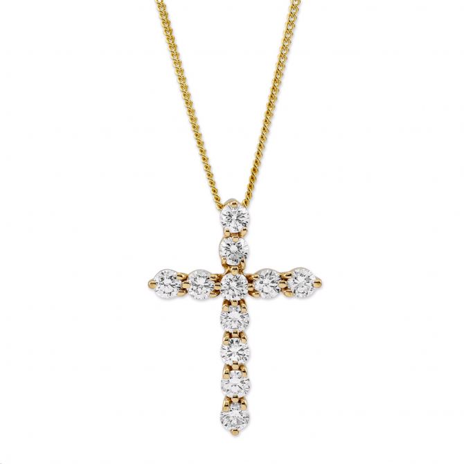11 Diamond Cross Pendant in Yellow Gold, 16"