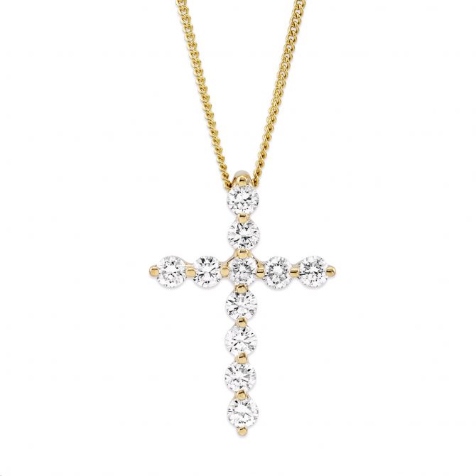 11 Diamond Shared Prong Cross Pendant in White Gold, 16"