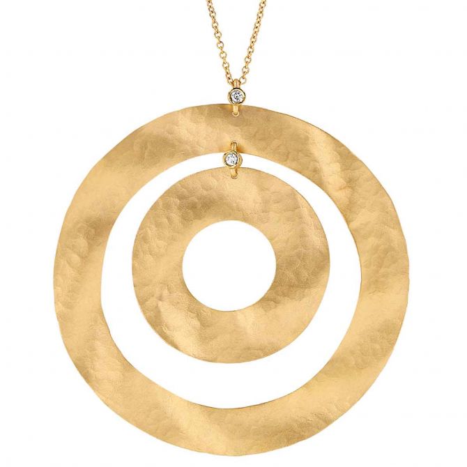 Marika Yellow Gold Satin Double Circle Pendant with Diamonds, 18"