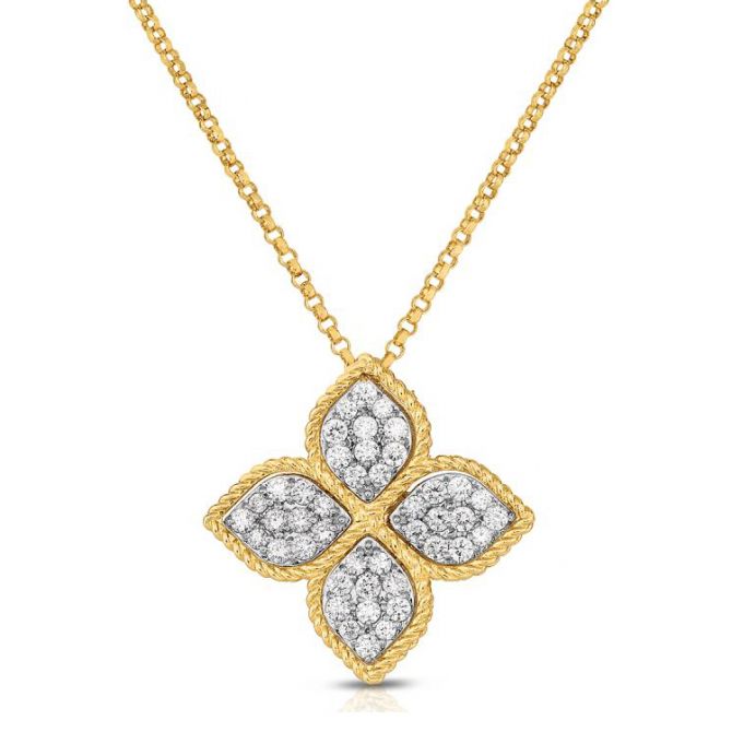 Roberto Coin Princess Flower Large Yellow Gold Pendant Necklace with Diamonds