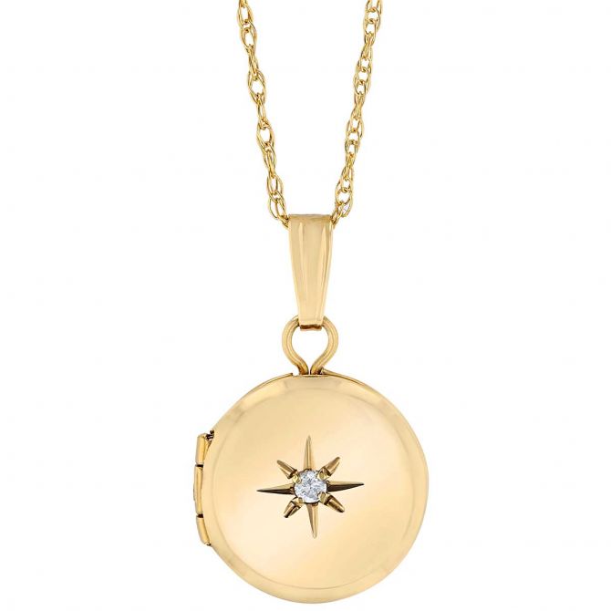 Yellow Gold Locket Pendant with Diamond and Engraved Starburst, 13"