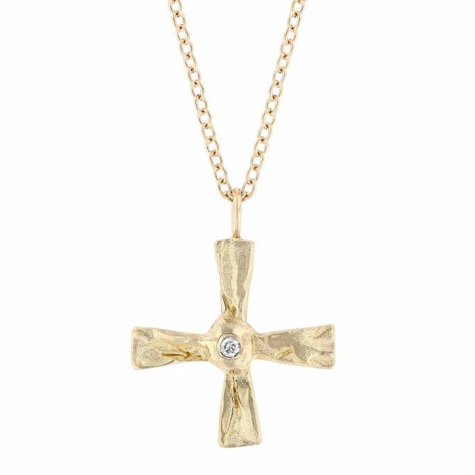 Robin Haley Delicate Yellow Gold Square Cross with Diamond, 16"