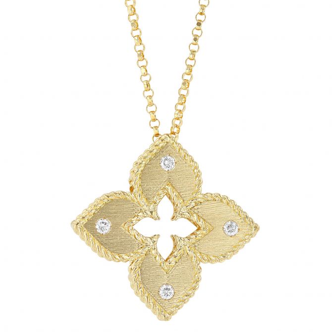 Roberto Coin Venetian Princess Flower Yellow Gold Pendant with Diamonds, 18"