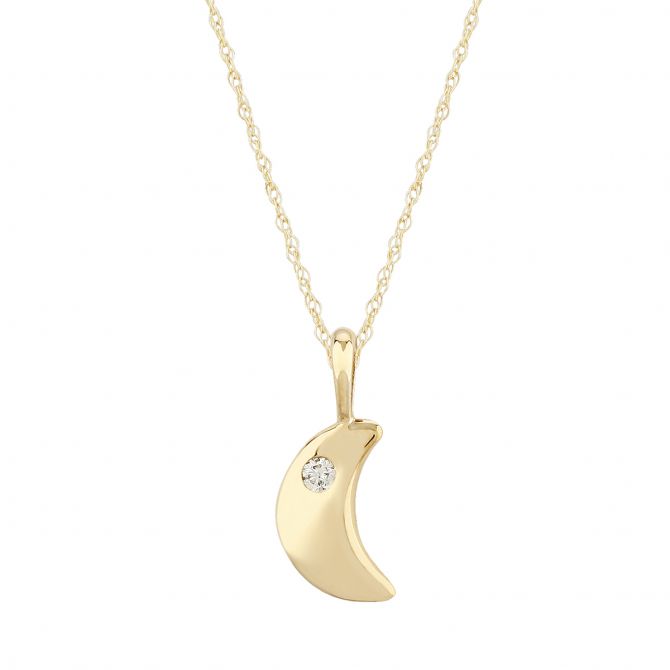 Yellow Gold Crescent Moon Pendant with Flush Set Diamond, 18"