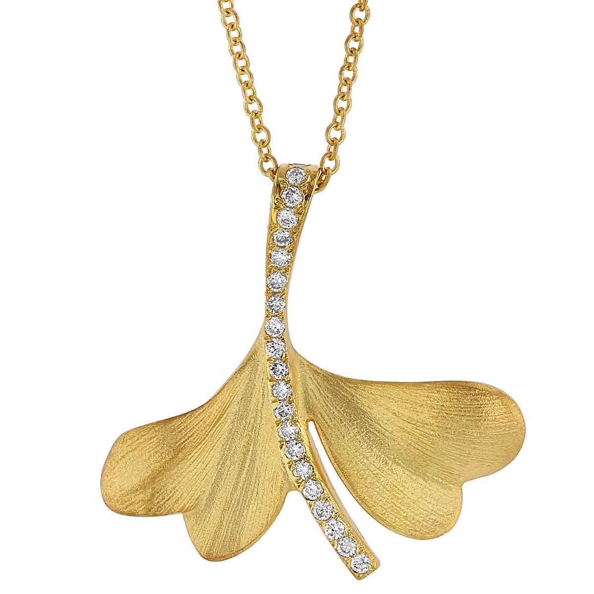 Marika Yellow Gold Ginkgo Leaf Pendant with Diamonds, 18