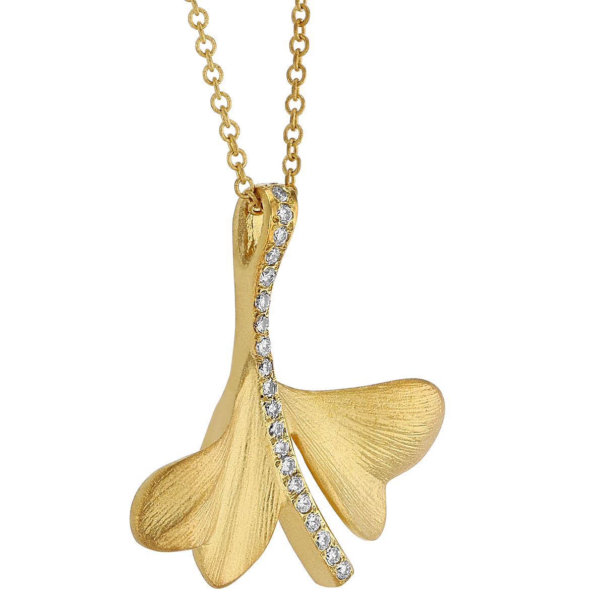 Marika Yellow Gold Ginkgo Leaf Pendant with Diamonds, 18