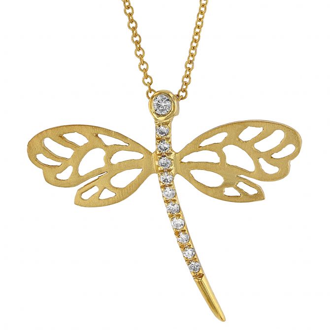 Marika Yellow Gold Dragonfly Pendant with Diamonds, 18"