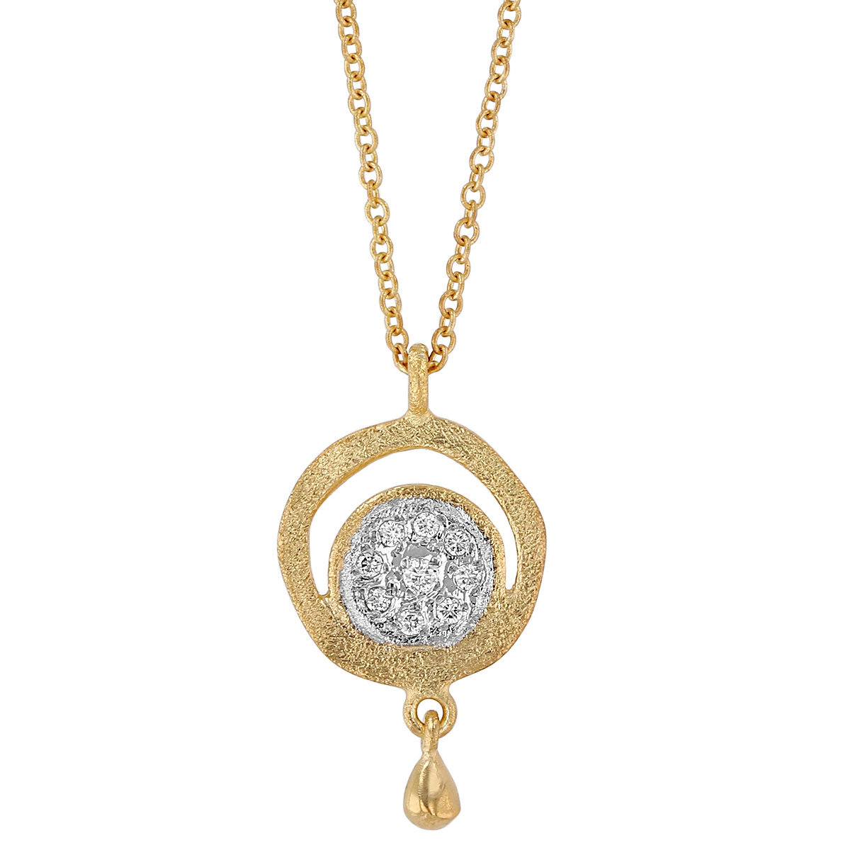 Marika Diamond Cluster Circle Pendant in Matte Yellow Gold with Teardrop Dangle, 18
