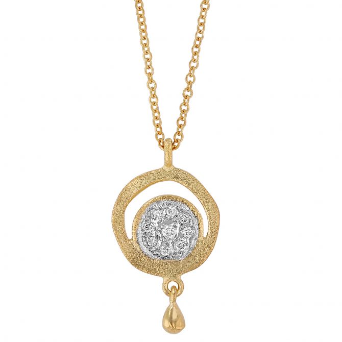 Marika Diamond Cluster Circle Pendant in Matte Yellow Gold with Teardrop Dangle, 18"