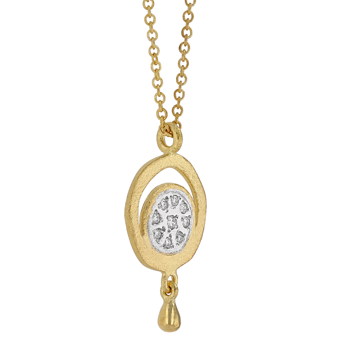 Marika Diamond Cluster Circle Pendant in Matte Yellow Gold with Teardrop Dangle, 18