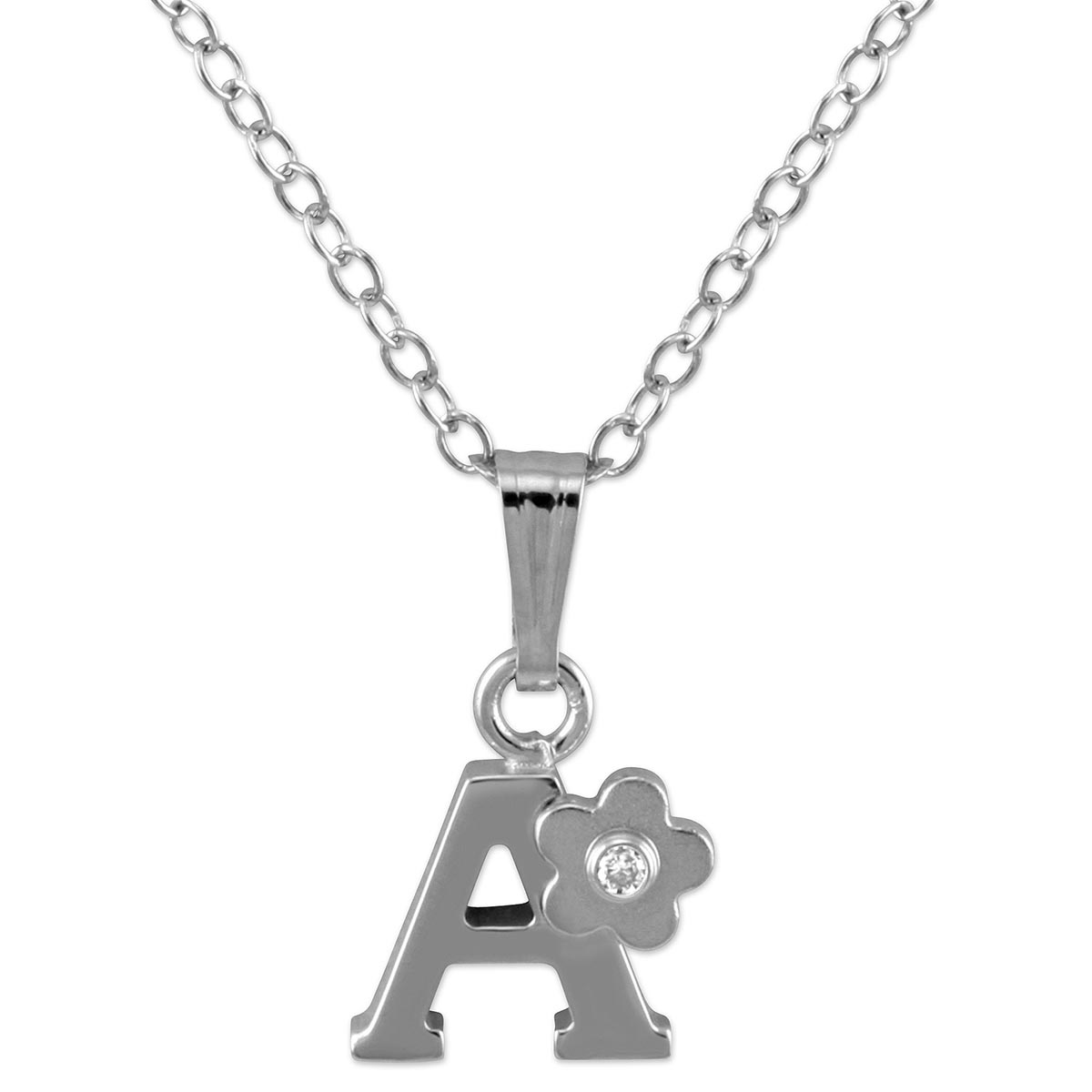 Sterling Silver Diamond Flower Initial Children's Pendants, 16
