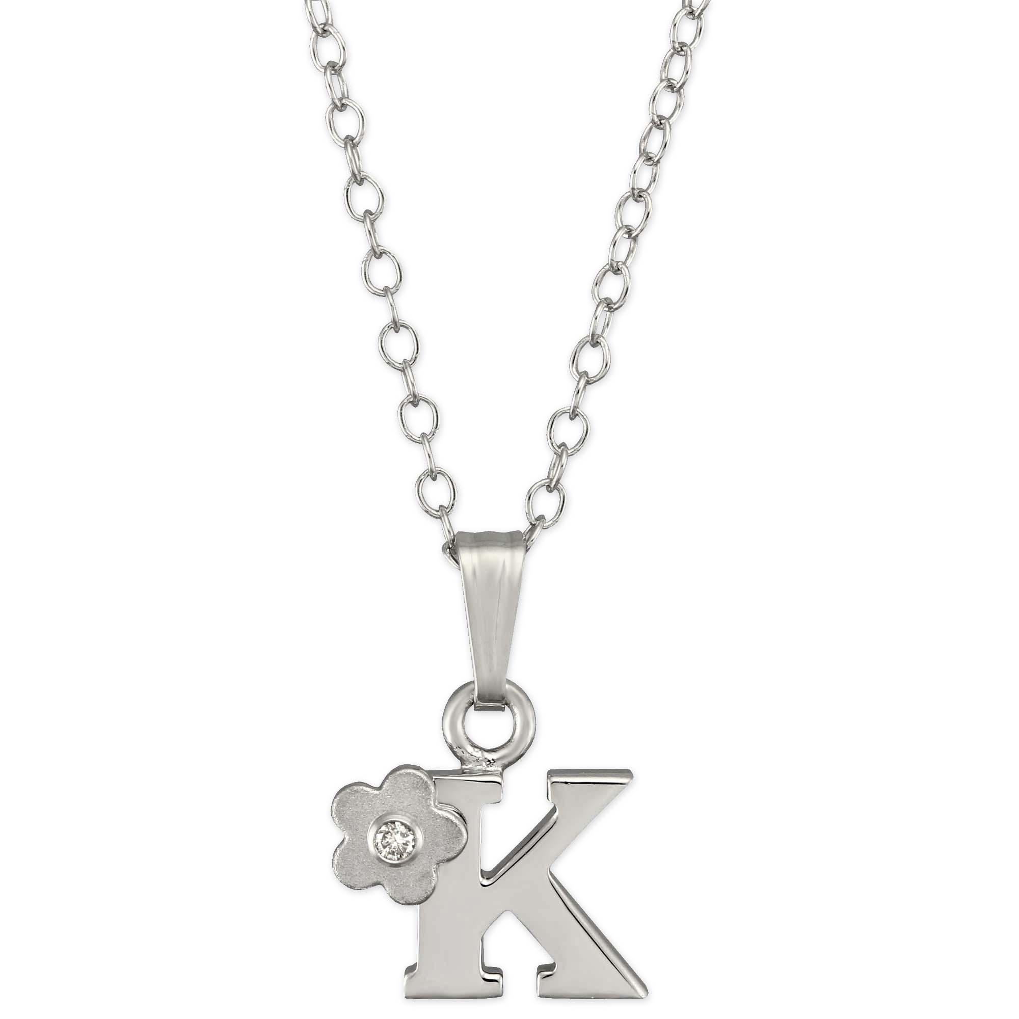 Sterling Silver Diamond Flower Initial Children's Pendants, 16