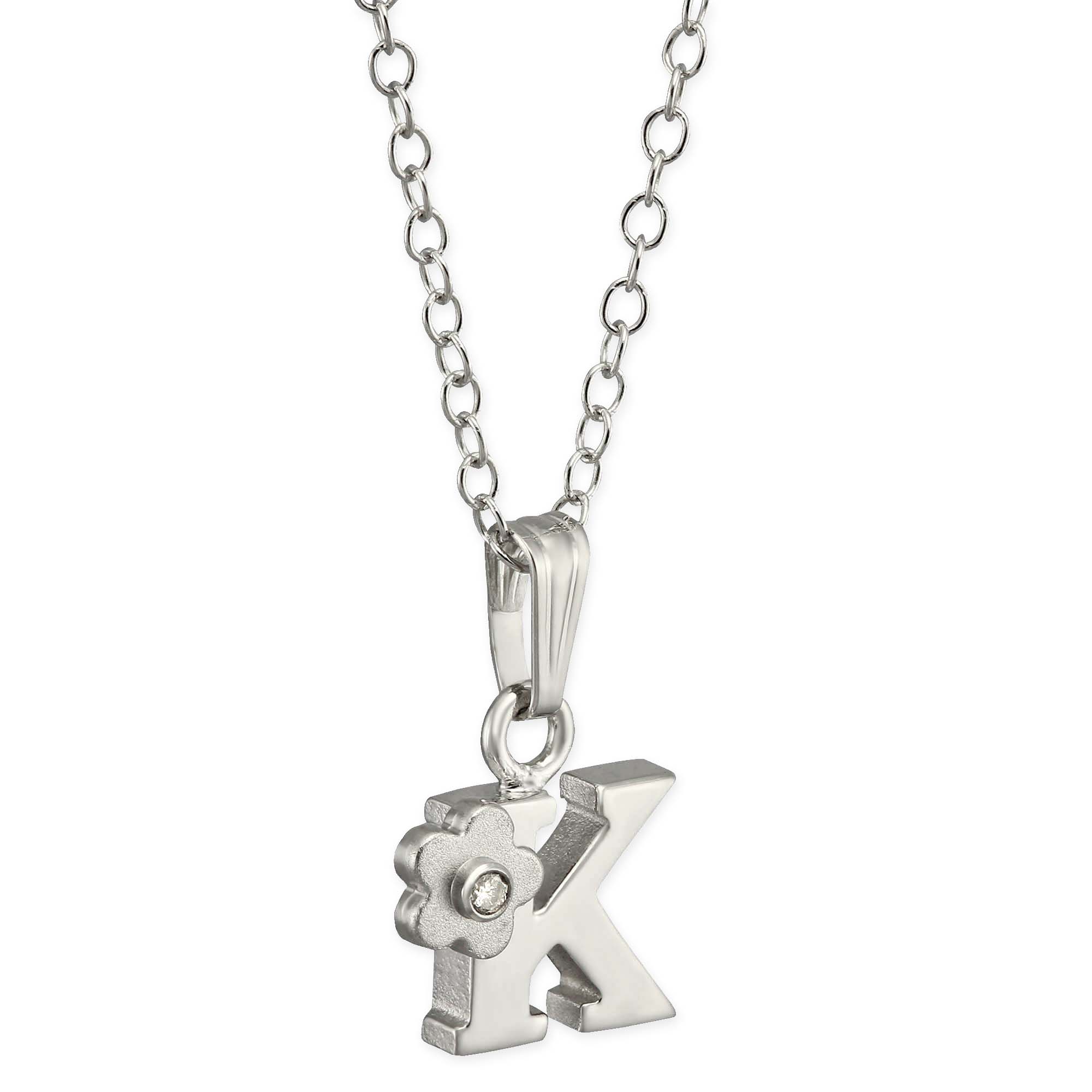 Sterling Silver Diamond Flower Initial Children's Pendants, 16