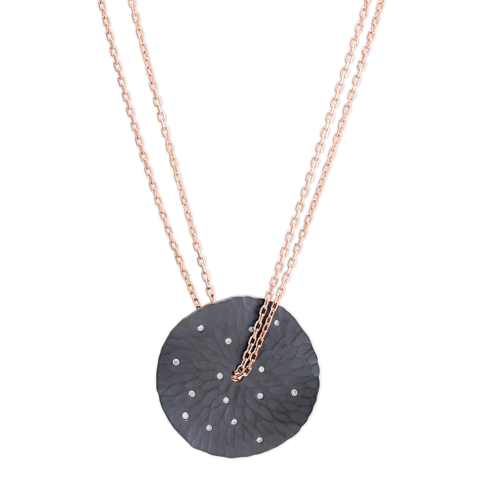 Toby Pomeroy Blackened EcoSilver Diamond Oasis Mist Pendant with 14K Rose Gold Double Chain