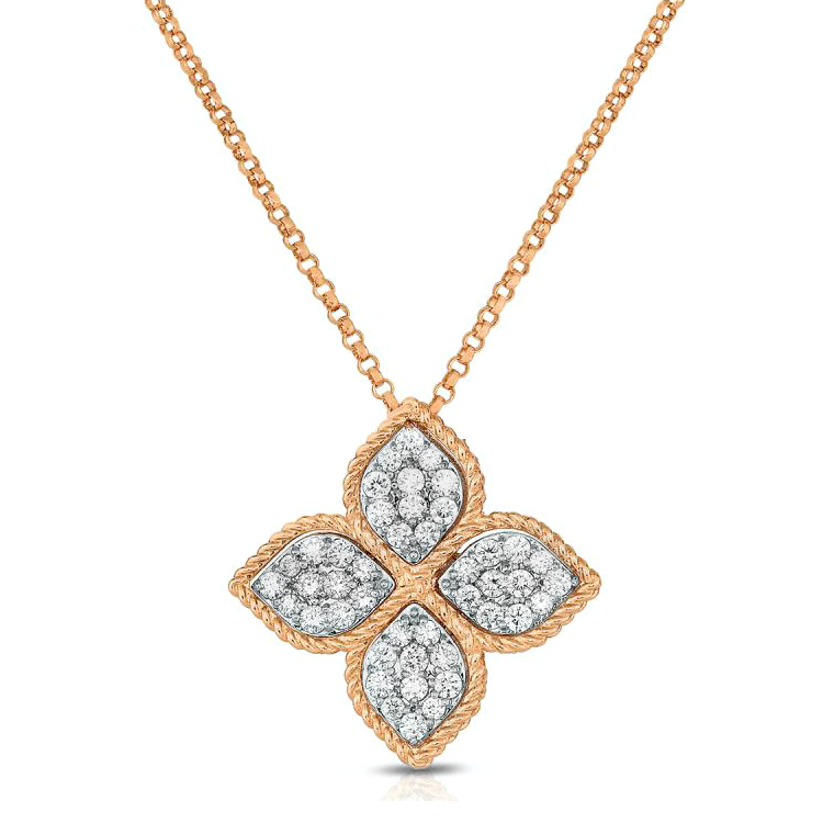 Roberto Coin Princess Flower Large Rose Gold Pendant Necklace with Diamonds