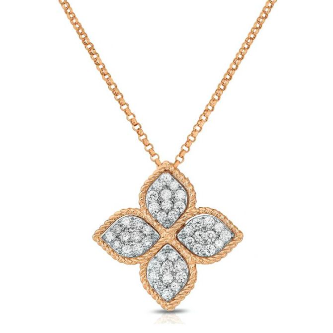 Roberto Coin Princess Flower Large Rose Gold Pendant Necklace with Diamonds