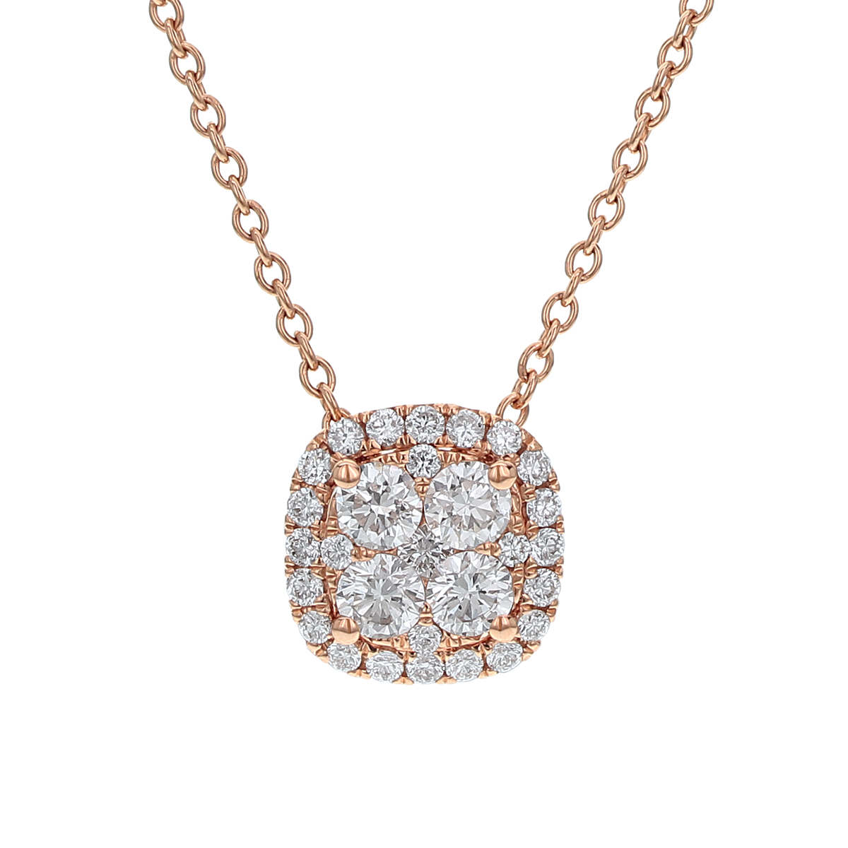 Diamond Cluster Cushion Shaped Necklace in Rose Gold, 16