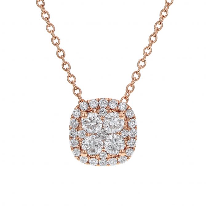 Diamond Cluster Cushion Shaped Necklace in Rose Gold, 16"