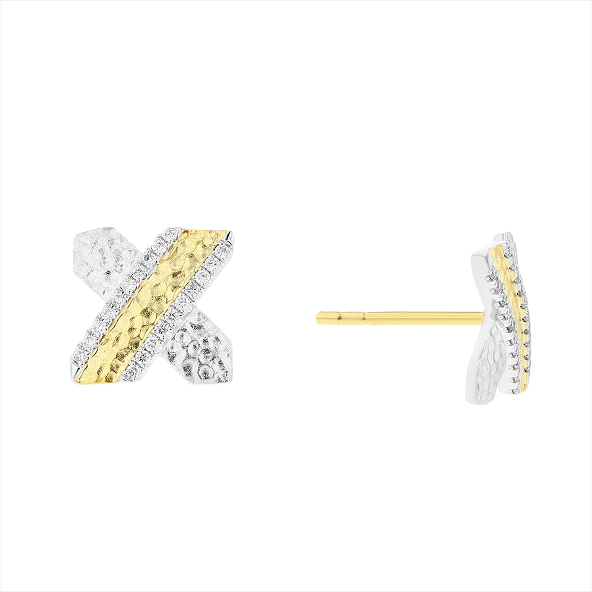 Diamond & Hammered White & Yellow Gold X Stud Earrings