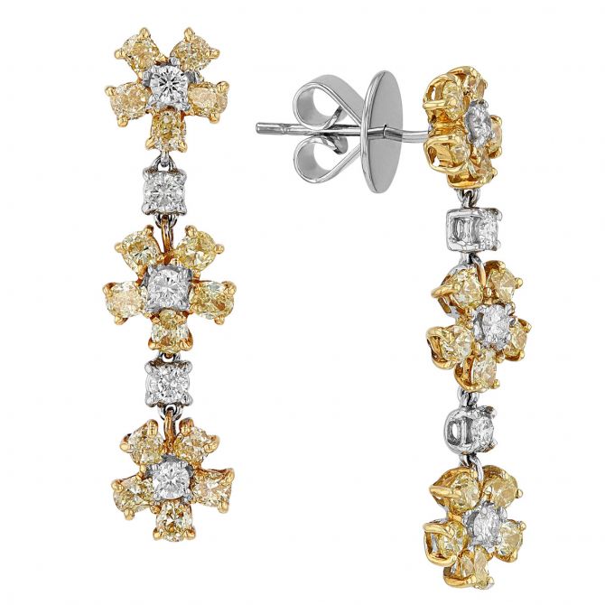 Yellow & White Diamond Flower Two Tone Post Back Drop Earrings