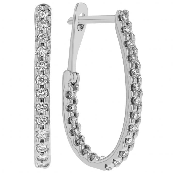 Diamond J-Hoop Earrings in White Gold, 0.44 cttw