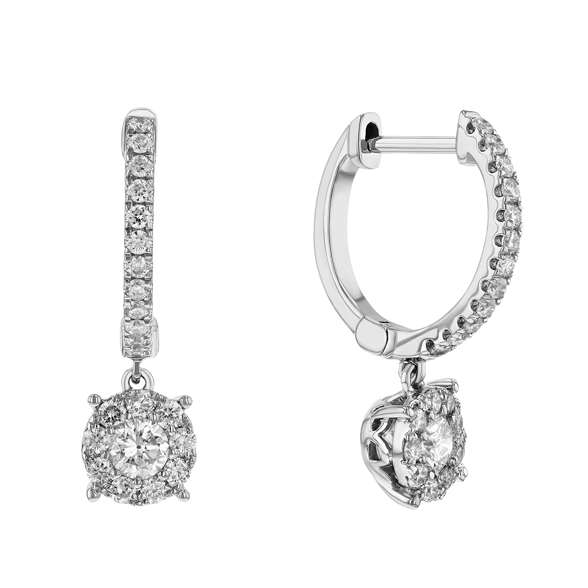 Round Diamond & Halo Drop Hoop Earrings in White Gold | Borsheims
